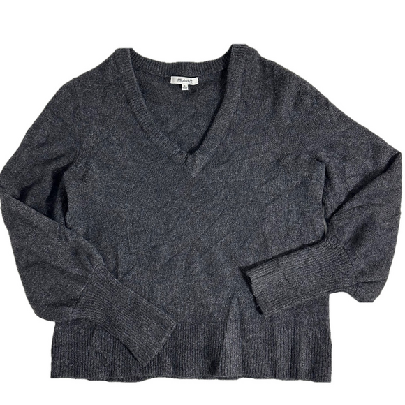 Madewell Dashwood Scandi Wool Blend Sweater Balloon Sleeve V Neck Dark Grey S - Picture 3 of 13